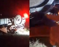 Motorista fica preso às ferragens após carreta carregada de sal tombar no interior do Piauí