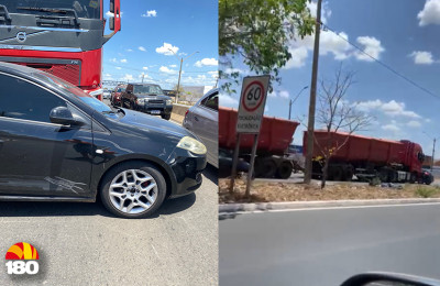 Acidente na Tabuleta: carro é arrastado por carreta após tentativa de desviar de ciclista