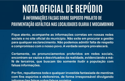 Prefeitura de São José do Divino emite nota de repúdio à falsas informações sobre asfaltamento