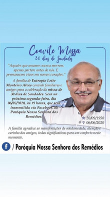 Convite: Missa de um mês do falecimento de Eutrópio Monteiro